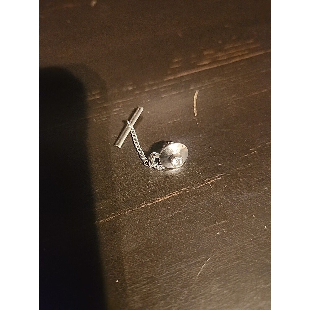 Vintage Brushed Silver Tone Tie Tack with Clear Faceted Rhinestone | Classic Men